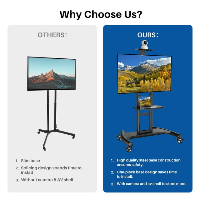 MountFTV Modern Rolling TV Stand Mobile TV Cart Floor TV Stand with Projector Shelf for 32-75 inch Flat Panel TVs