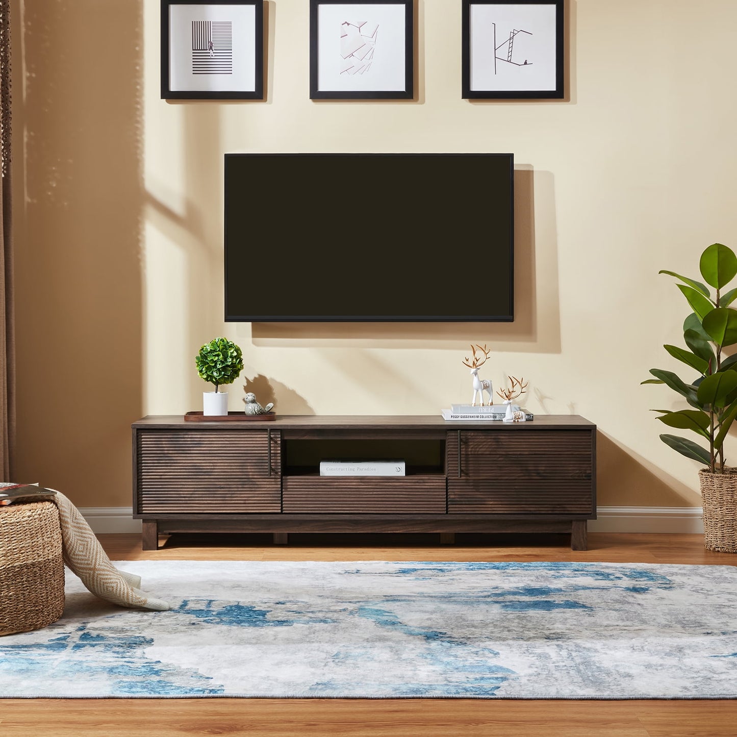 Mid-Century Modern Low Profile Entertainment TV Stand for 65/60/55 inch TV, Farmhouse Entertainment Center with 2 Fluted Door and Storage Living Room, Walnut