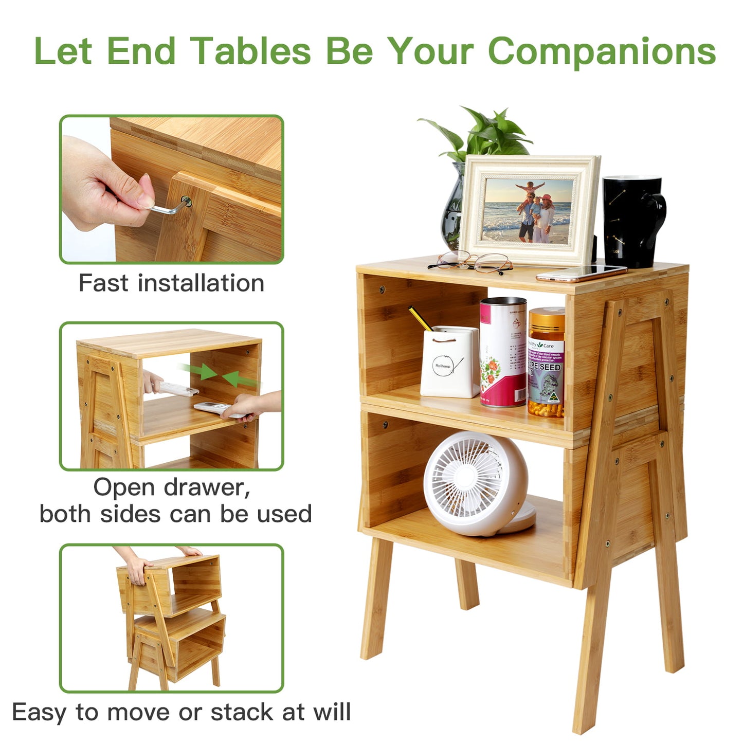 MONINXS Stackable End Tables, Bamboo Bedside Tables Storage Night tables for Bedroom, Set of 2