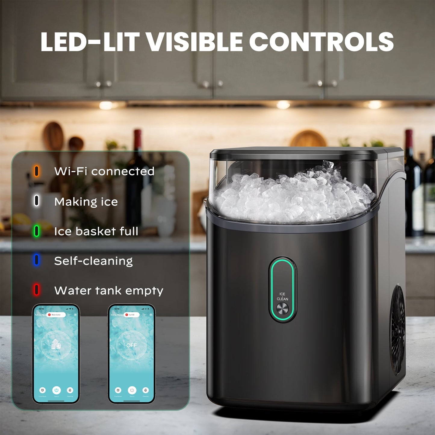 Philergo Nugget Ice Maker Countertop, WiFi Pebble Ice Machine with Timer and Self-Cleaning Function, 35 lbs/24 Hrs for Home, Kitchen, RV, Camping, Black