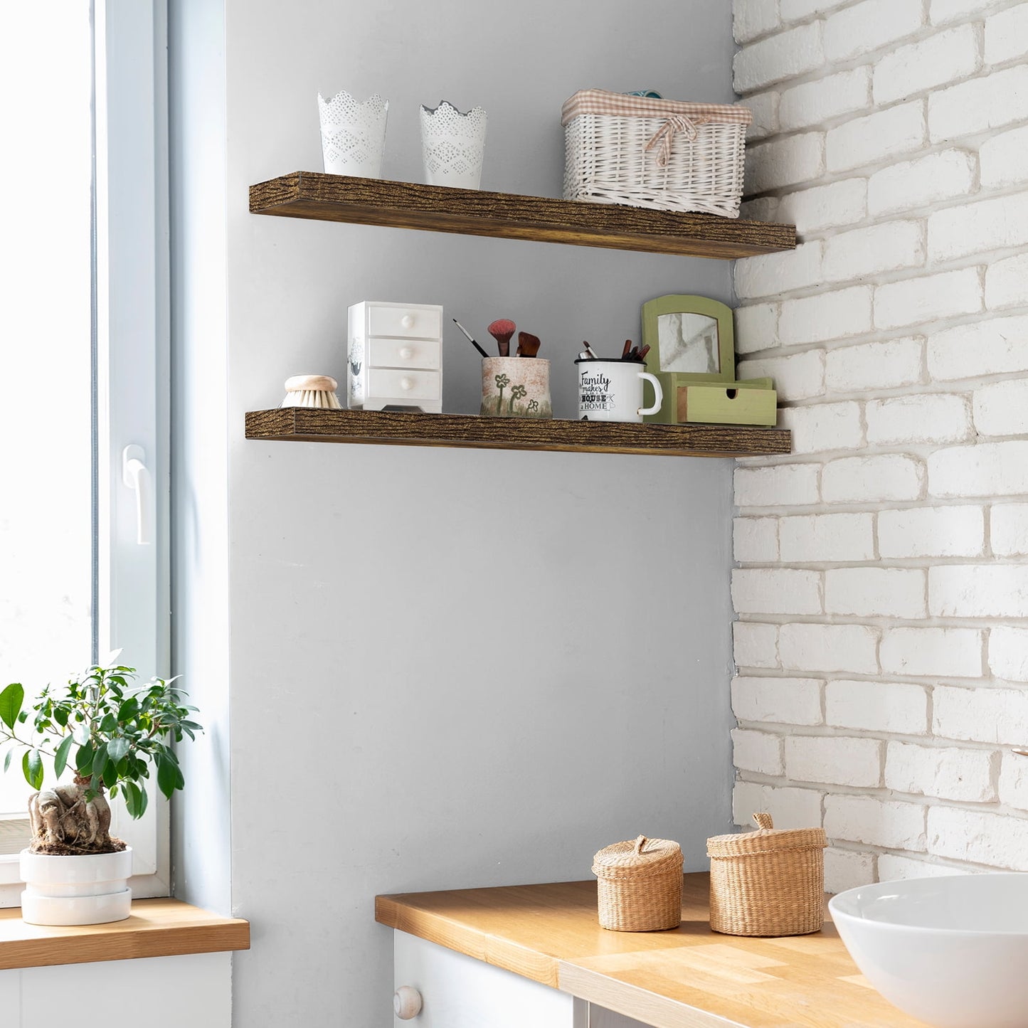 2Pcs/Set 24" Wood Wall Mounted Floating Shelves Storage Shelving For Living Room, Dining Room, Office, Bedroom