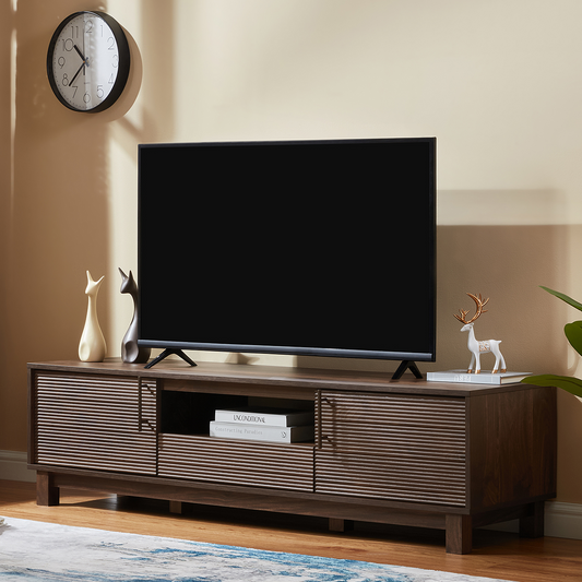 Mid-Century Modern TV Stand for 65″ TVs, Wood TV Console with Reeded 2-Door for Living Room, Brown