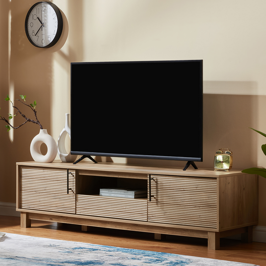 Mid-Century Modern TV Stand for 65″ TVs, Wood TV Console with Reeded 2-Door for Living Room, Nature