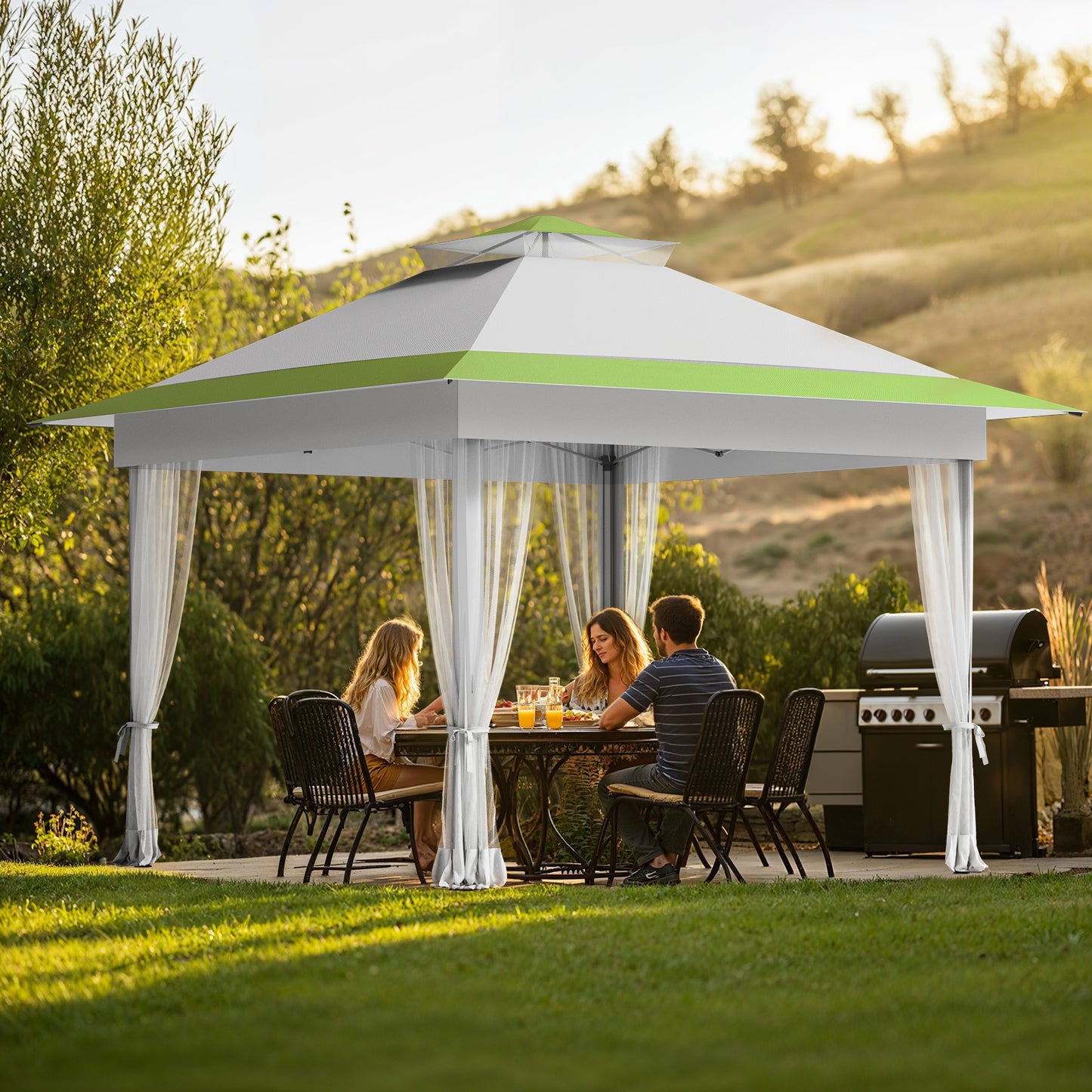 CHITOOMA 13 x 13 ft Outdoor Pop-up Gazebo, Patio Canopy Tent with Mosquito Nettings Vented Top and 169 Square ft of Shade for Garden, Party, Backyard, Green