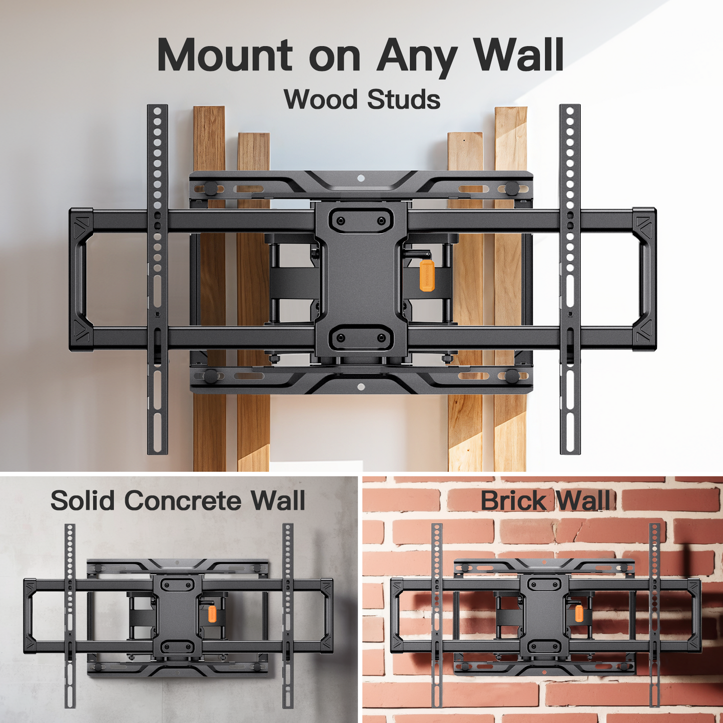 MountFTV Full Motion TV Wall Mount Bracket with Tool-Free Tilt for 37-90 inch TVs, Max 600x400mm, Holds up to 132 lbs
