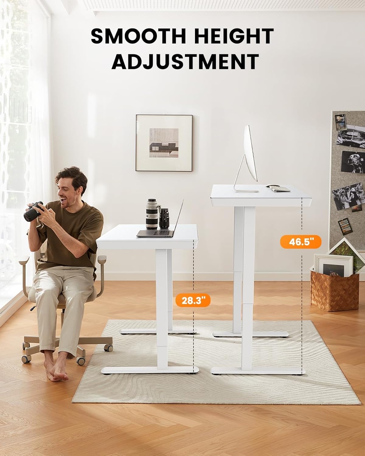 One Piece Glass Top Standing Desk with Drawer and Charging Ports, 55" x 24" Electric Height Adjustable Desk, Sit Stand up for Home Office, White