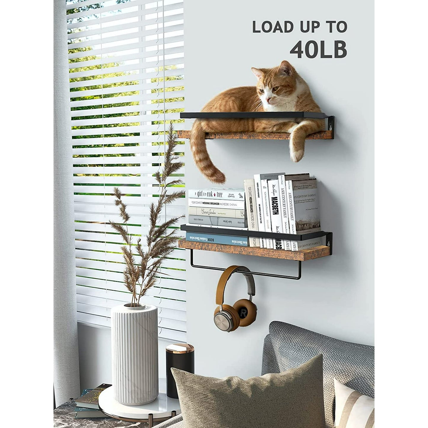 2 Pack Wall Decor Wood Rustic Floating Shelves, Storage Shelves with Towel Bar for Bathroom, Kitchen, Bedroom, Living Room