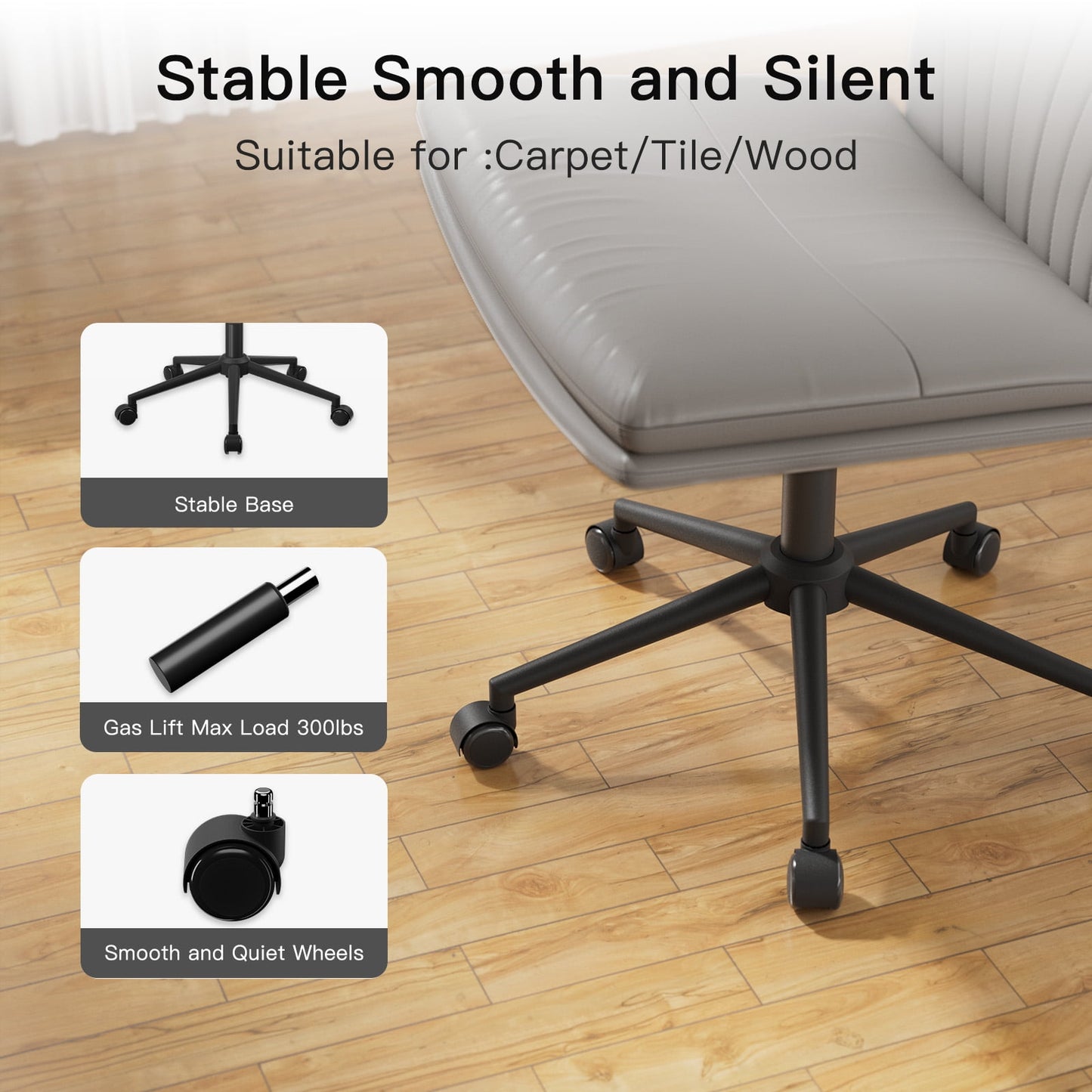 PU Armless Office Desk Chair with Wheels,PU Leather Cross Legged Wide Chair,Mid Back Adjustable Swivel Computer Task Chairs Vanity Chair for Home,Office(Gray) - Walmart.com