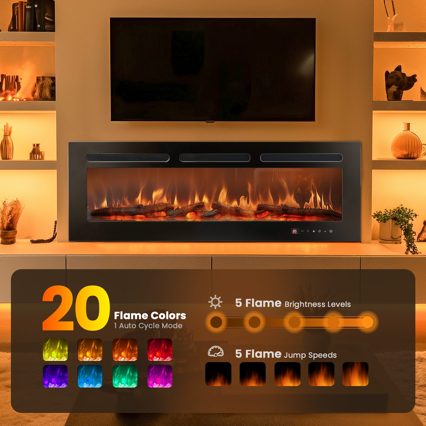 50 inch Wall Mounted Electric Fireplace Indoor Recessed Fireplace Heater with Touch Screen, Timer, Adjustable Flame Color and Speed
