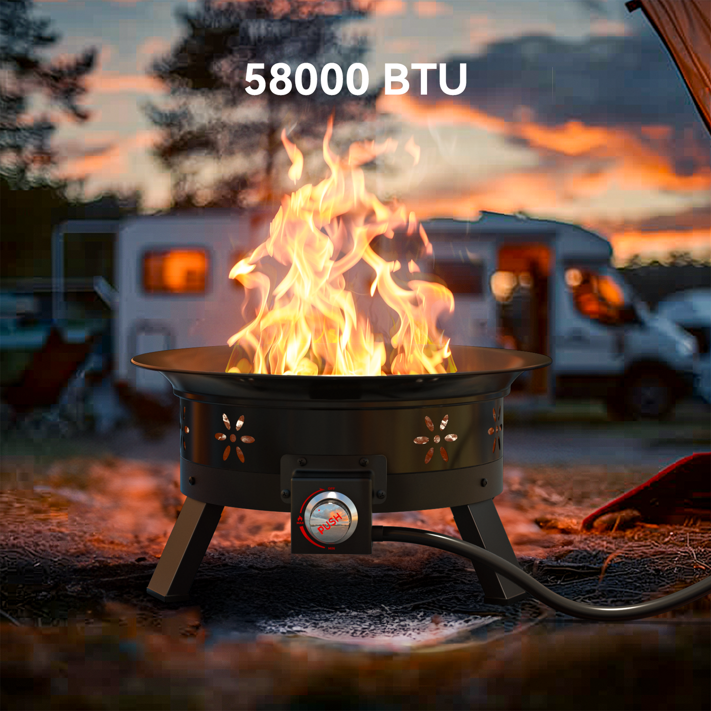 24 inch Portable Fire Pits with Grill for Outside 58000 BTU Gas Fire Bowl with Foldable Legs & Lid & Carry Kit & Lava Rock Stone