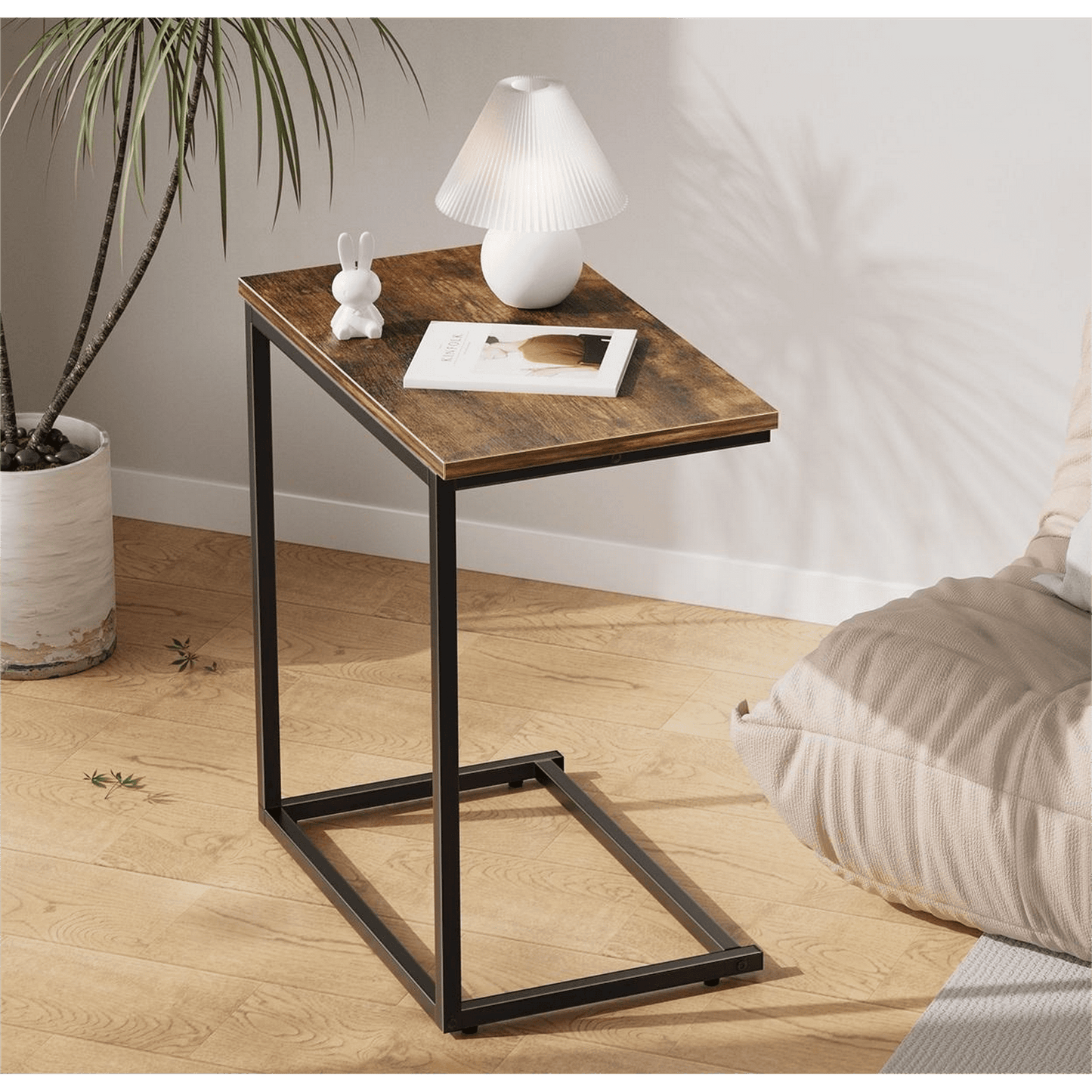 CHITOOMA C Shaped End Table, Metal Frame TV Tray, Side Couch Table for Living Room Bedroom, Rustic Brown