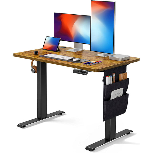 CHITOOMA 40" x 24" Electric Standing Desk, Adjustable Height Sit to Stand Desk with 4 Memory Pre-Set, Storage Bag, Headphone Hook for Home Office, Rustic Brown