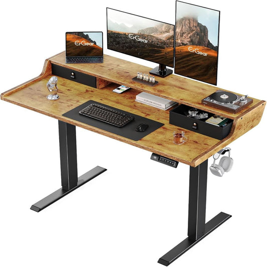 Electric Standing Desk with Drawers, 48″ x 24″ Gaming Desk with Monitor Stand,Brown