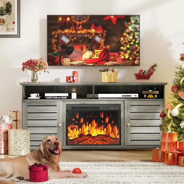 Electric Fireplace TV Stand for 70/65/60/55 Inch TVs, Farmhouse Entertainment Center with 23" Electric Fireplace with Storage, Adjustable Led Flame, Gray