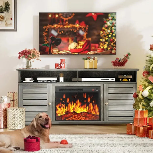 Electric Fireplace TV Stand for 70/65/60/55 Inch TVs, Farmhouse Entertainment Center with 23" Electric Fireplace with Storage, Adjustable Led Flame, Gray
