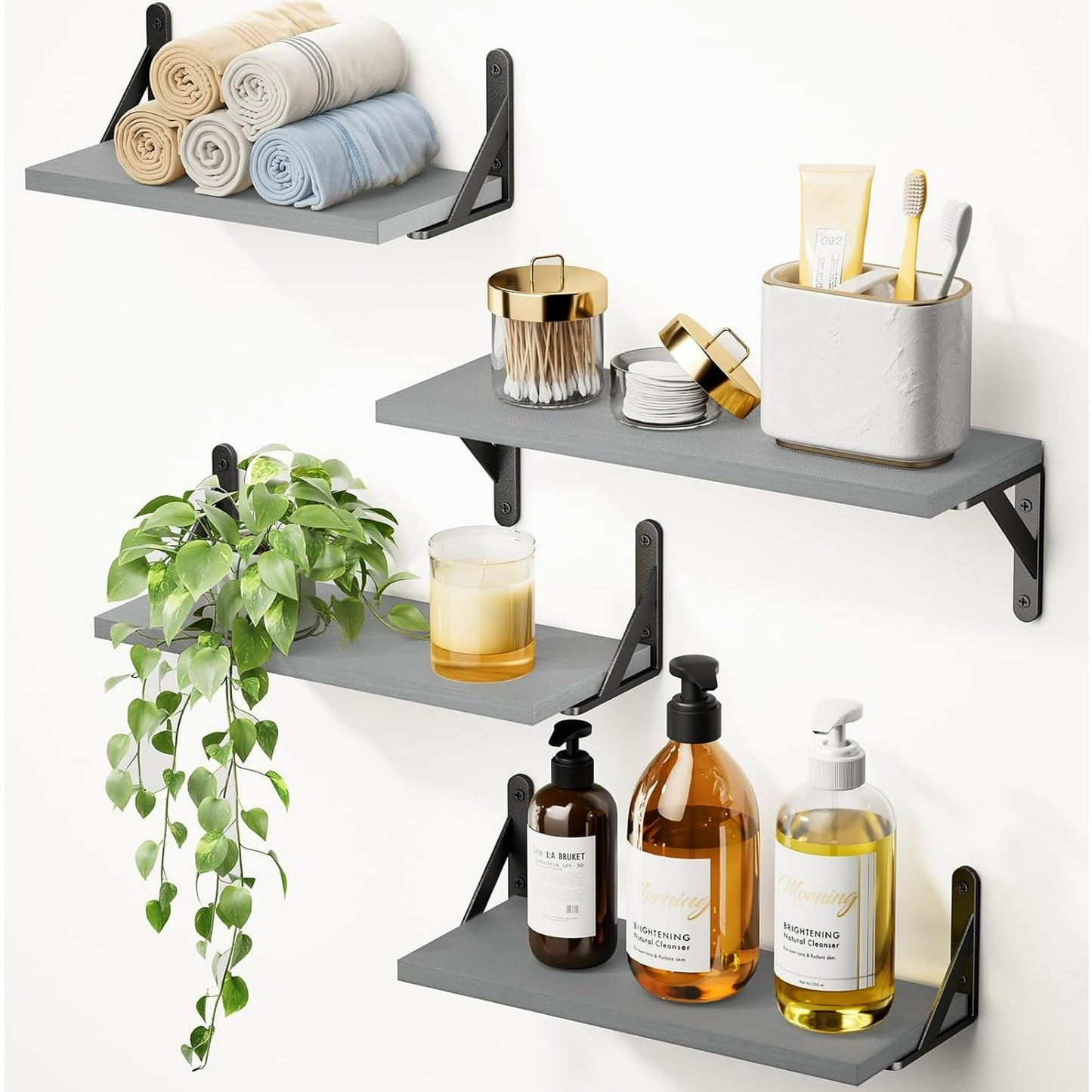 Floating Shelves Wall Mounted 4 Set,Wood Shelves for Wall Decor, Rustic Storage Shelf, Wall Shelves for Bedroom, Bathroom, Living Room, Kitchen, Office,Gray