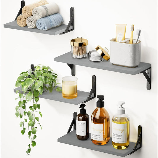 Floating Shelves Wall Mounted 4 Set,Wood Shelves for Wall Decor, Rustic Storage Shelf, Wall Shelves for Bedroom, Bathroom, Living Room, Kitchen, Office,Gray