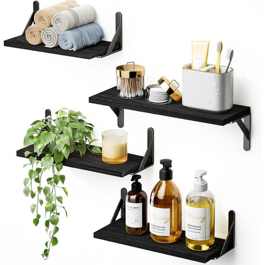 Floating Shelves Wall Mounted Set of 4, Wood Shelves for Wall Decor, Rustic Storage Shelf, Wall Shelves for Bedroom, Bathroom, Living Room, Kitchen, Office（Black）