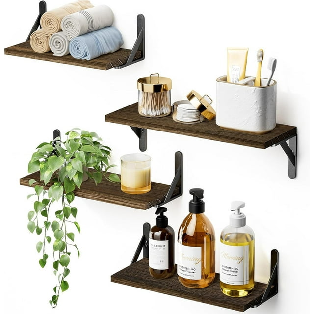 Floating Shelves Wall Mounted Set of 4, Wood Shelves for Wall Decor, Rustic Storage Shelf, Wall Shelves for Bedroom, Bathroom, Living Room, Kitchen, Office（Natural Brown）