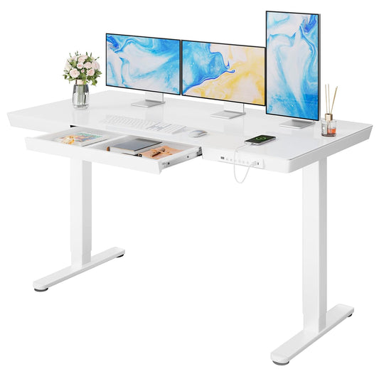 CHITOOMA 55" x 28" One Piece Glass Top Standing Desk with Drawer, Electric Height Adjustable Office Desk with USB Charging Ports, Sit to Stand Desk for Home