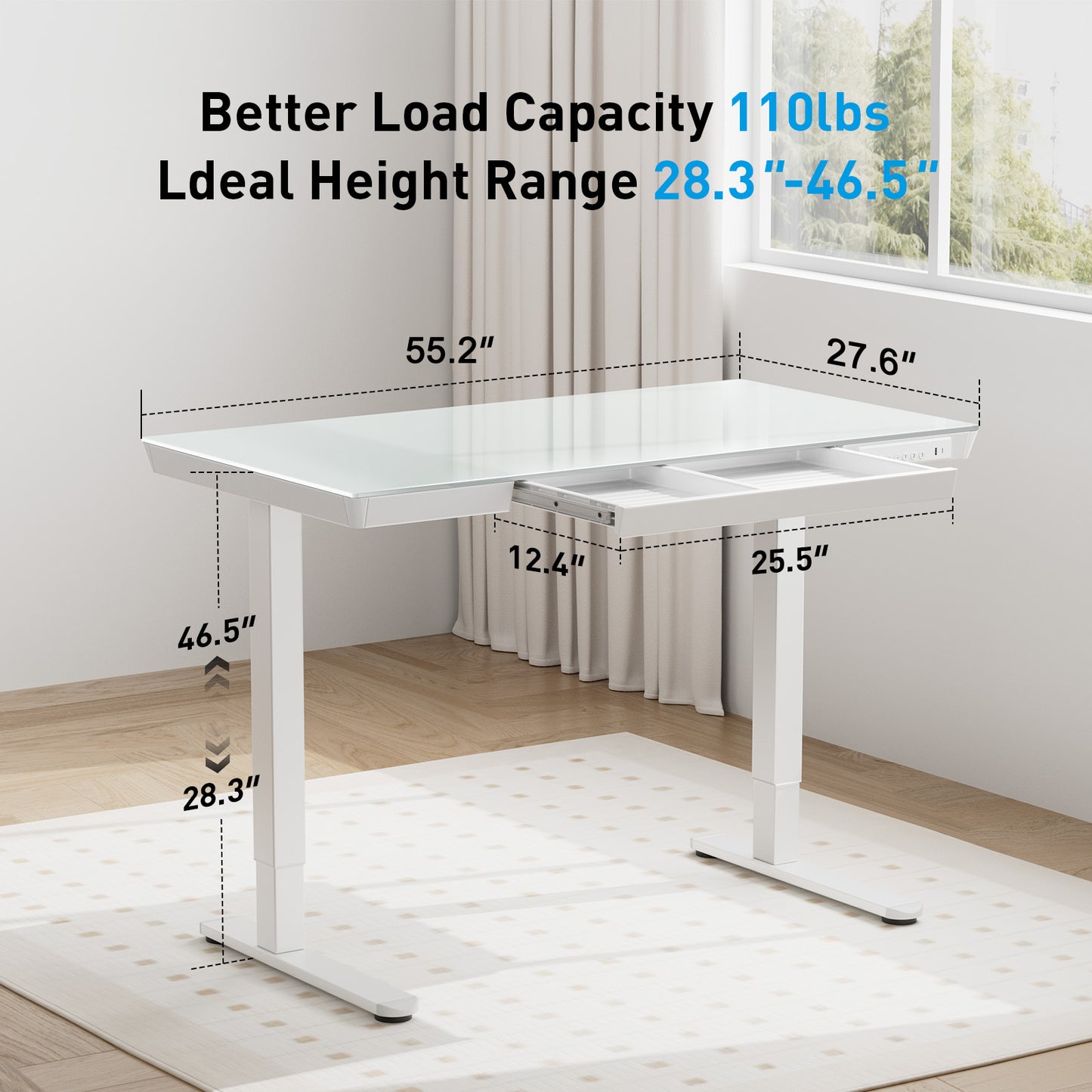CHITOOMA 55" x 28" One Piece Glass Top Standing Desk with Drawer, Electric Height Adjustable Office Desk with USB Charging Ports, Sit to Stand Desk for Home