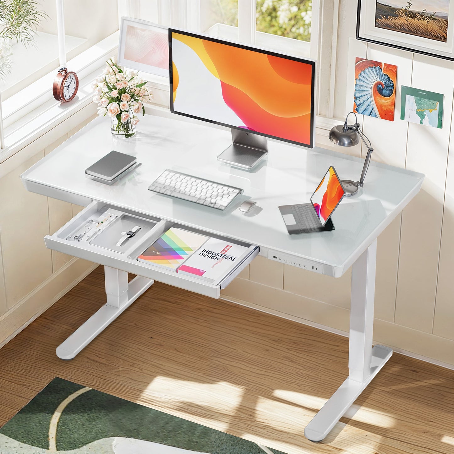 CHITOOMA 55" x 28" One Piece Glass Top Standing Desk with Drawer, Electric Height Adjustable Office Desk with USB Charging Ports, Sit to Stand Desk for Home