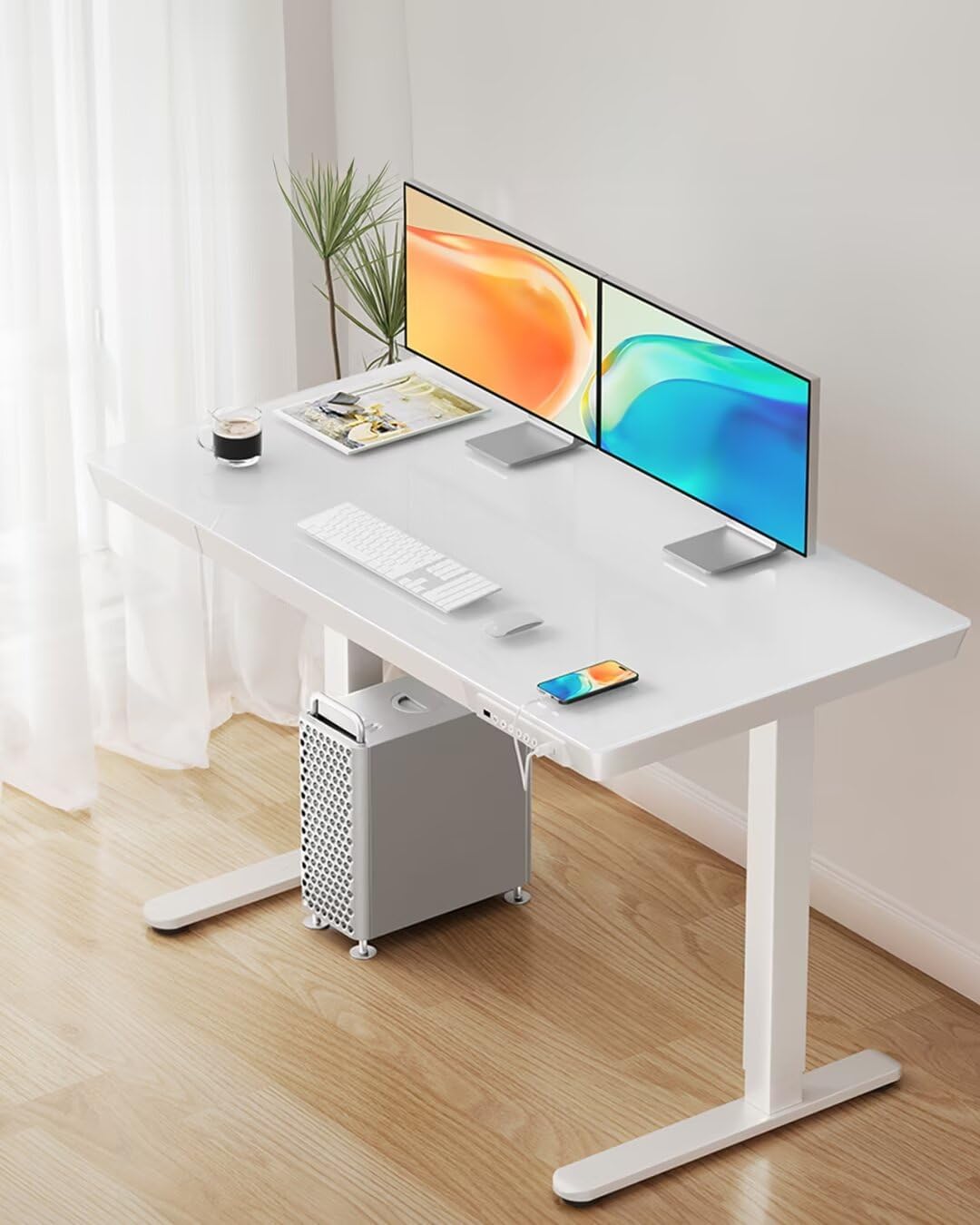 CHITOOMA 55" x 28" One Piece Glass Top Standing Desk with Drawer, Electric Height Adjustable Office Desk with USB Charging Ports, Sit to Stand Desk for Home
