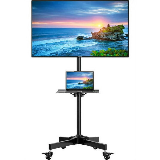 MountFTV Rolling TV Cart with Lockable Wheels for 23-60 inch LCD LED OLED Flat Curved TVs, Height Adjustable Mobile TV Stand for Home, Office, Black
