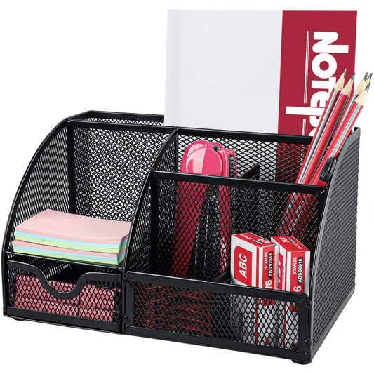 Multifunctional Office Accessories Mesh School Supplies Desk Organizer Caddy with 6 Compartments for Home,Black