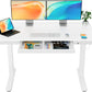 One Piece Glass Top Standing Desk with Drawer and Charging Ports, 55" x 24" Electric Height Adjustable Desk, Sit Stand up for Home Office, White