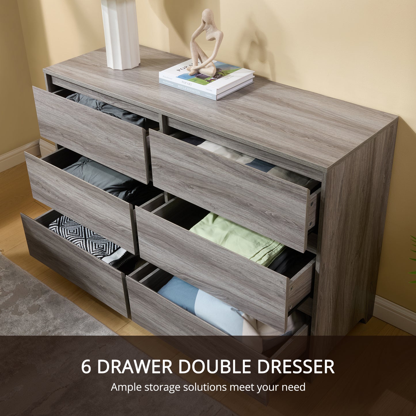 CHITOOMA 6 Drawer Dresser Wood Storage Cabine for Bedroom, Closet, Hallway, Entryway, Nursery Room, Gray