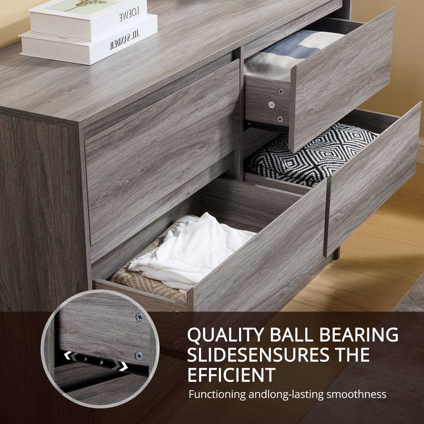 CHITOOMA 6 Drawer Dresser Wood Storage Cabine for Bedroom, Closet, Hallway, Entryway, Nursery Room, Gray