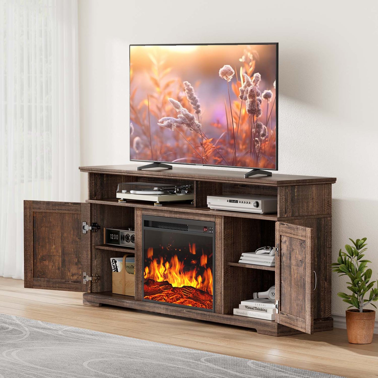 Electric Fireplace TV Stand for TVs up to 70 inch with Remote Control, Entertainment Center with 23″ Fireplace, Vintage Brown