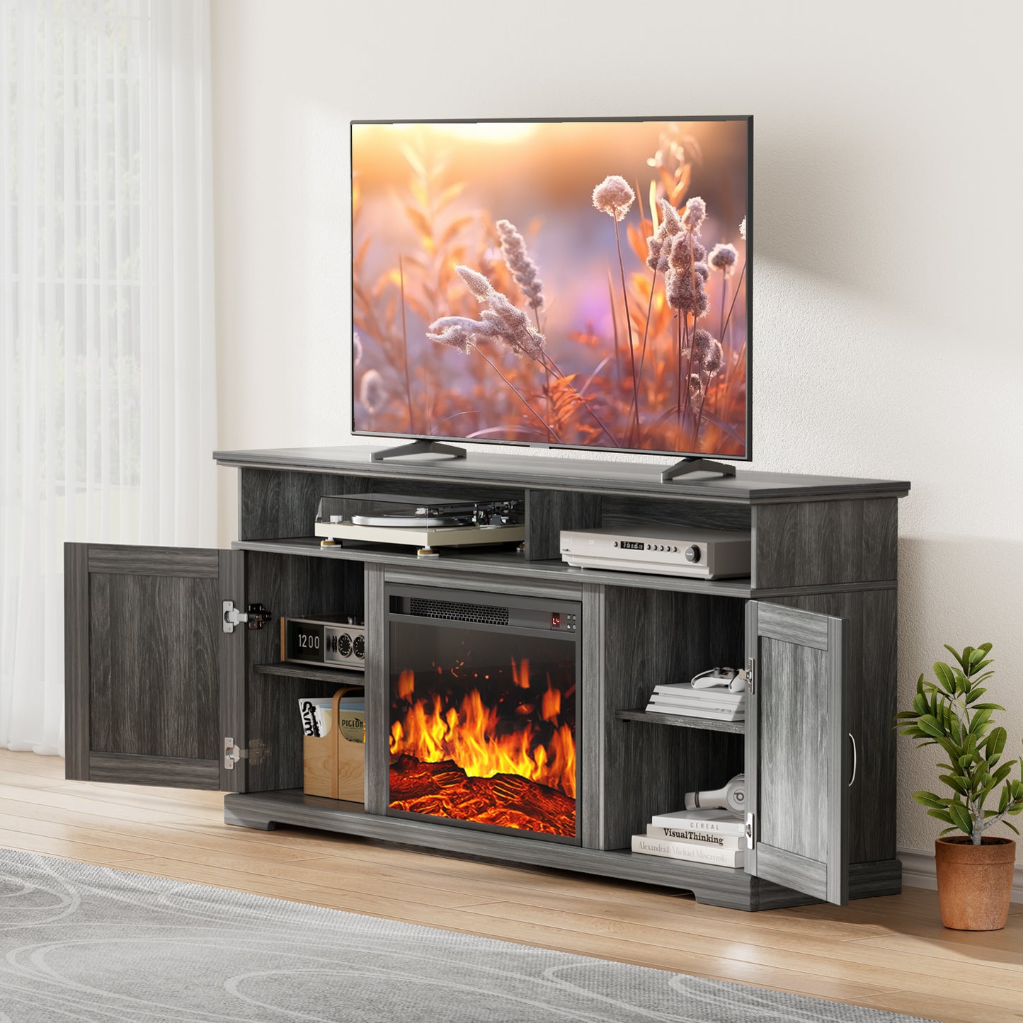 Electric Fireplace TV Stand for TVs up to 70 inch with Remote Control Entertainment Center with 23″ Fireplace, Gray