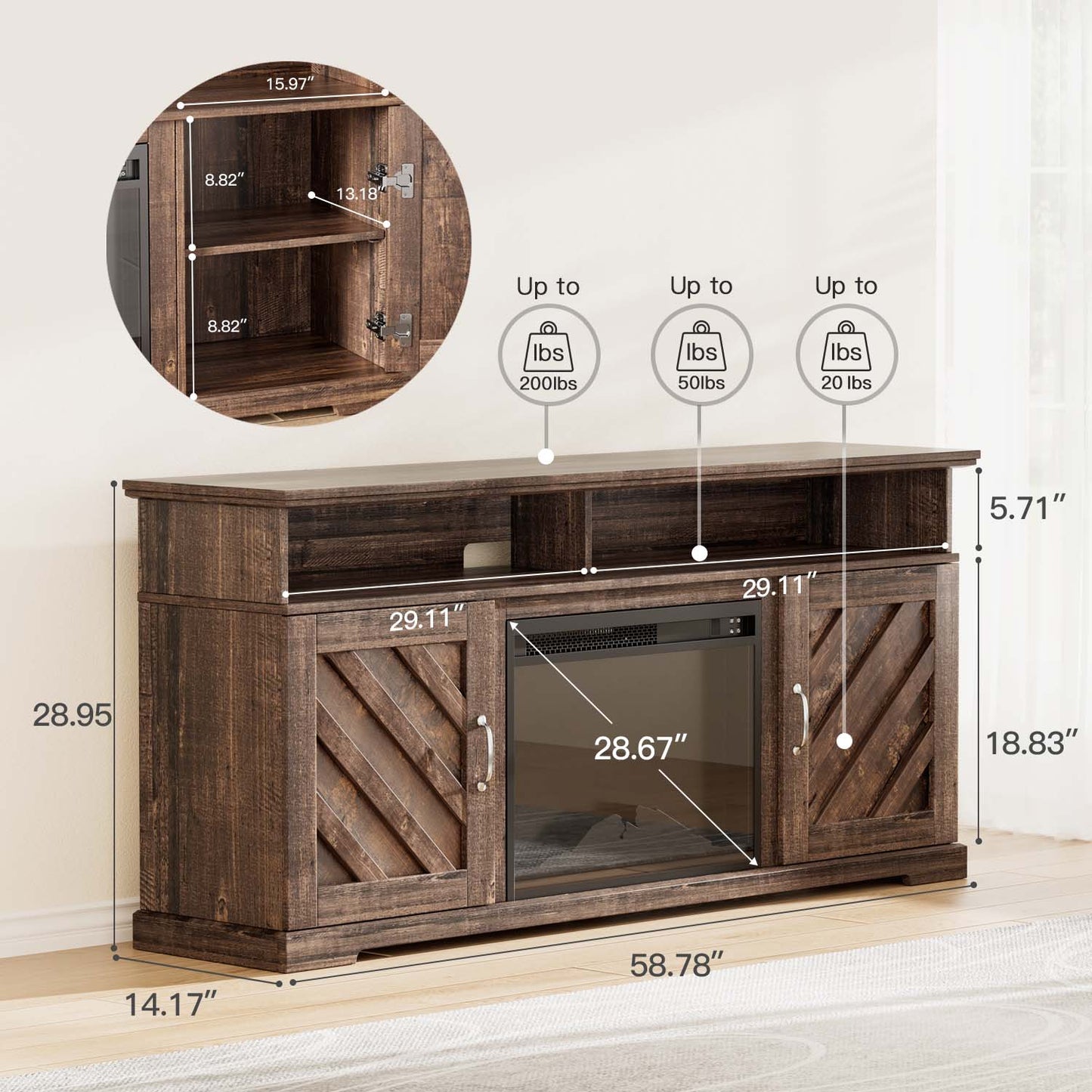 Electric Fireplace TV Stand for TVs up to 70 inch with Remote Control, Entertainment Center with 23″ Fireplace, Vintage Brown