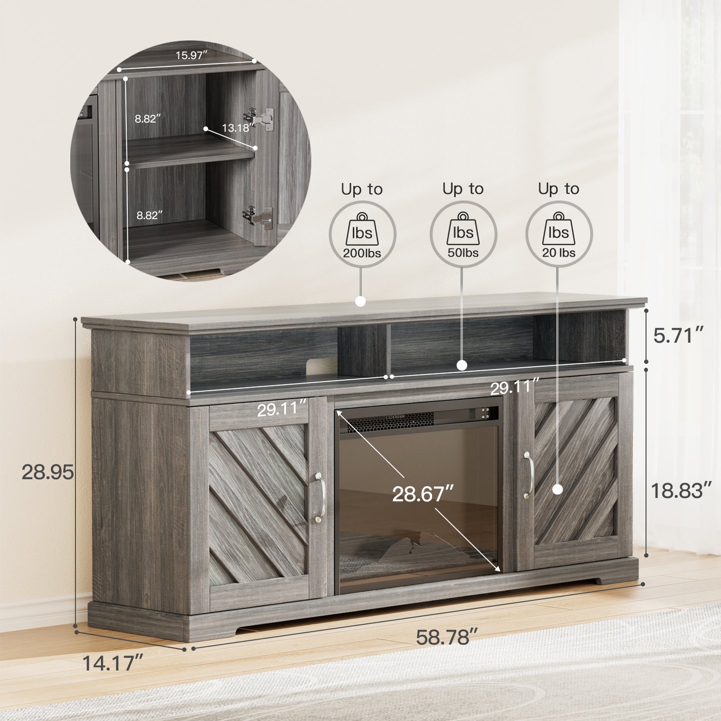 Electric Fireplace TV Stand for TVs up to 70 inch with Remote Control Entertainment Center with 23″ Fireplace, Gray