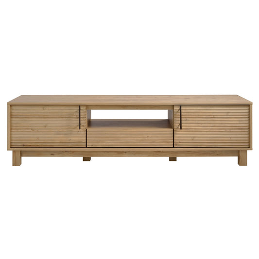 Mid-Century Modern Low Profile Entertainment TV Stand for 65/60/55 inch TV, Farmhouse Entertainment Center with 2 Fluted Door and Storage Living Room, Nature