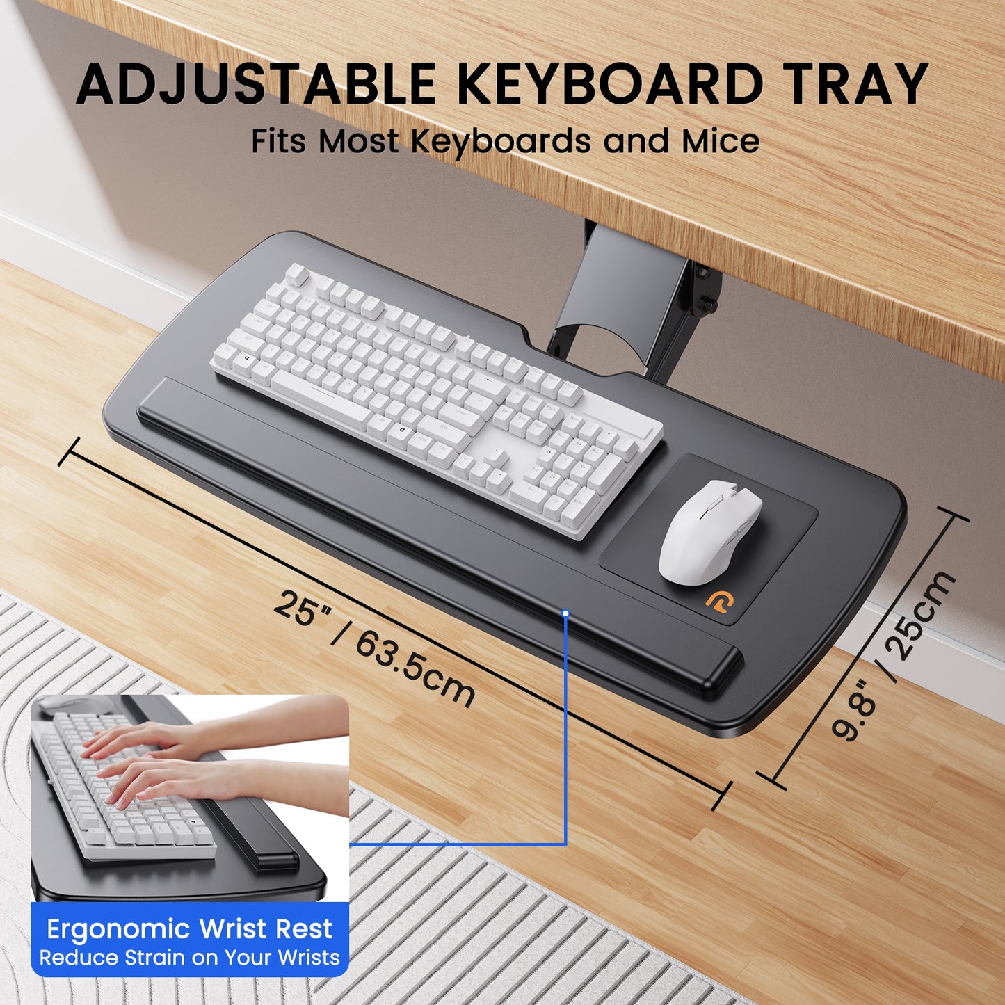 Keyboard Tray Under Desk 360° Rotating Ergonomic Sliding Keyboard & Mouse Tray, Height Adjustable