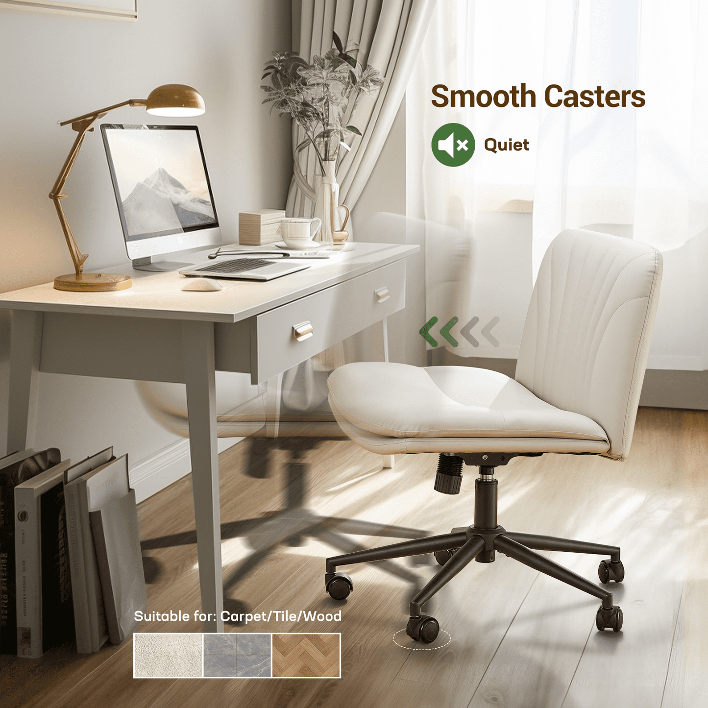 PU Armless Office Desk Chair with Wheels,PU Leather Cross Legged Wide Chair,Mid Back Adjustable Swivel Computer Task Chairs Vanity Chair for Home,Office(Beige) - Walmart.com