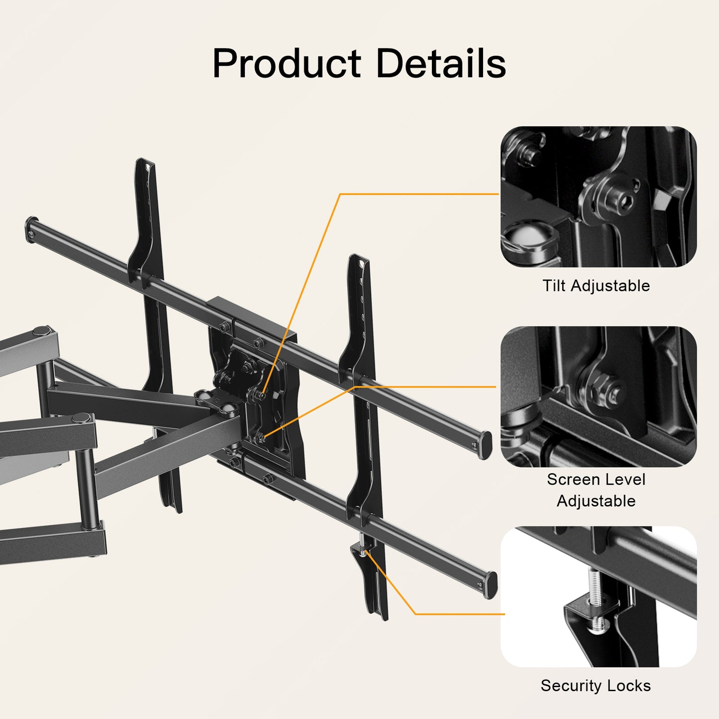 PERLESMITH Full Motion TV Mount for 37-84" TV with Swivel Tilt Extension Fits 16 to 24" Studs, Max 600x400, Holds up to 132 lbs