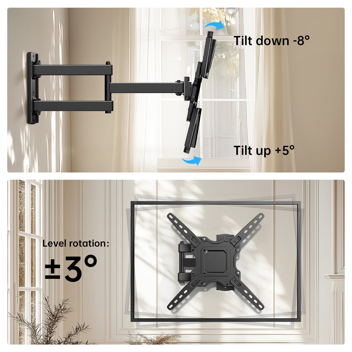 MountFTV Full Motion TV Wall Mount Bracket for 26-65 inch TVs, Max 400*400mm, Holds up to 77 lbs, 12"/16" Wood Studs（复制）