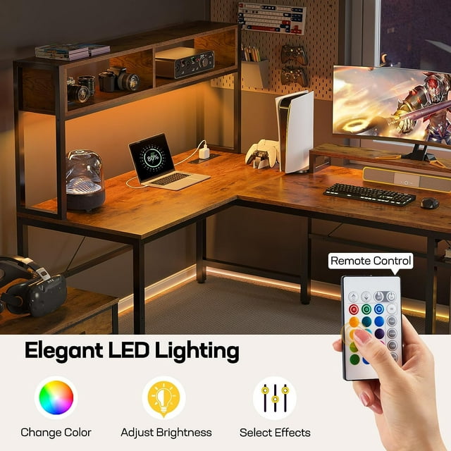 67'' L Shaped Computer Desk with Hutch & Monitor Stand Reversible L-Shaped Gaming Desk with Power Outlet & LED Strip for Home Office, Brown - Walmart.com