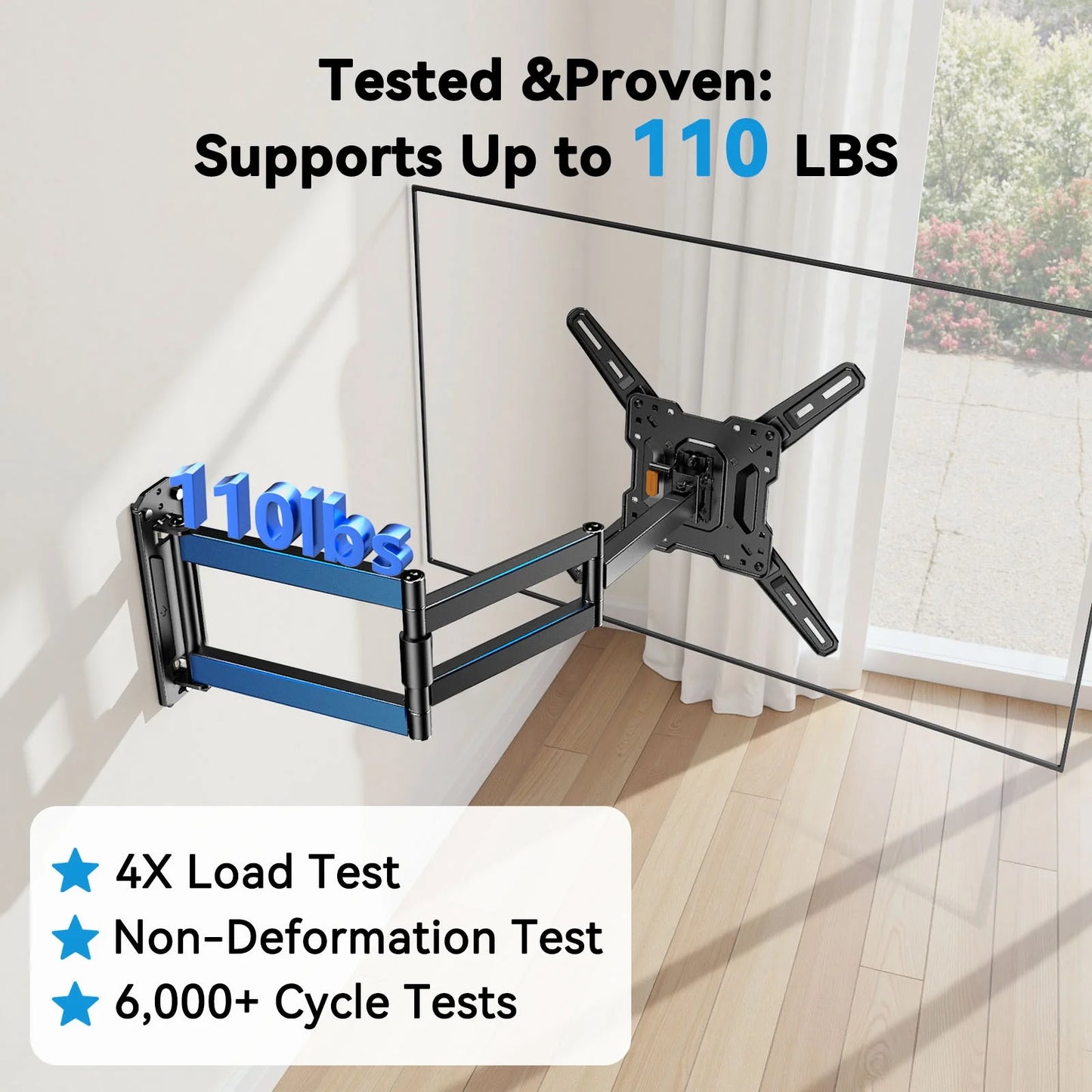 MountFTV Full Motion Long Arm TV Wall Mount for 26-65 Inch TVs, 37.4” Long Extension Corner TV Mount Bracket with Tilt, Swivel, Max 400 x 400mm, Holds up to 110 lbs, Single Wood Studs