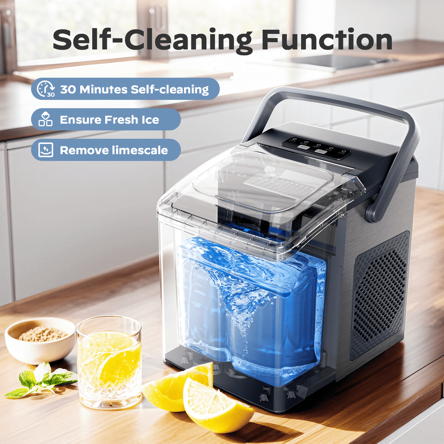Ice Makers Countertop,Ice Maker Machine 6 Mins 9 Bullet Ice, 26 Lbs/24 Hrs, Nugget Ice Maker with Self Cleaning Function, Ice Maker for Home Kitchen Party, Silver