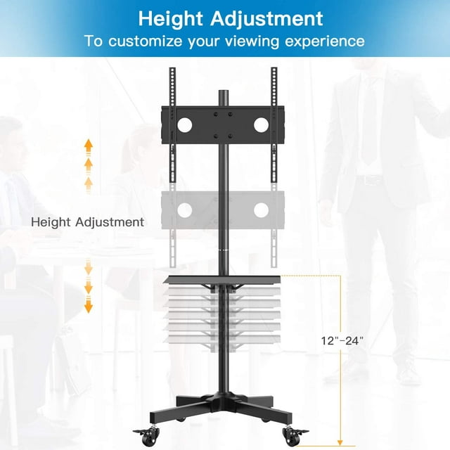 MountFTV Rolling TV Cart with Lockable Wheels for 23-60 inch LCD LED OLED Flat Curved TVs, Height Adjustable Mobile TV Stand for Home, Office, Black