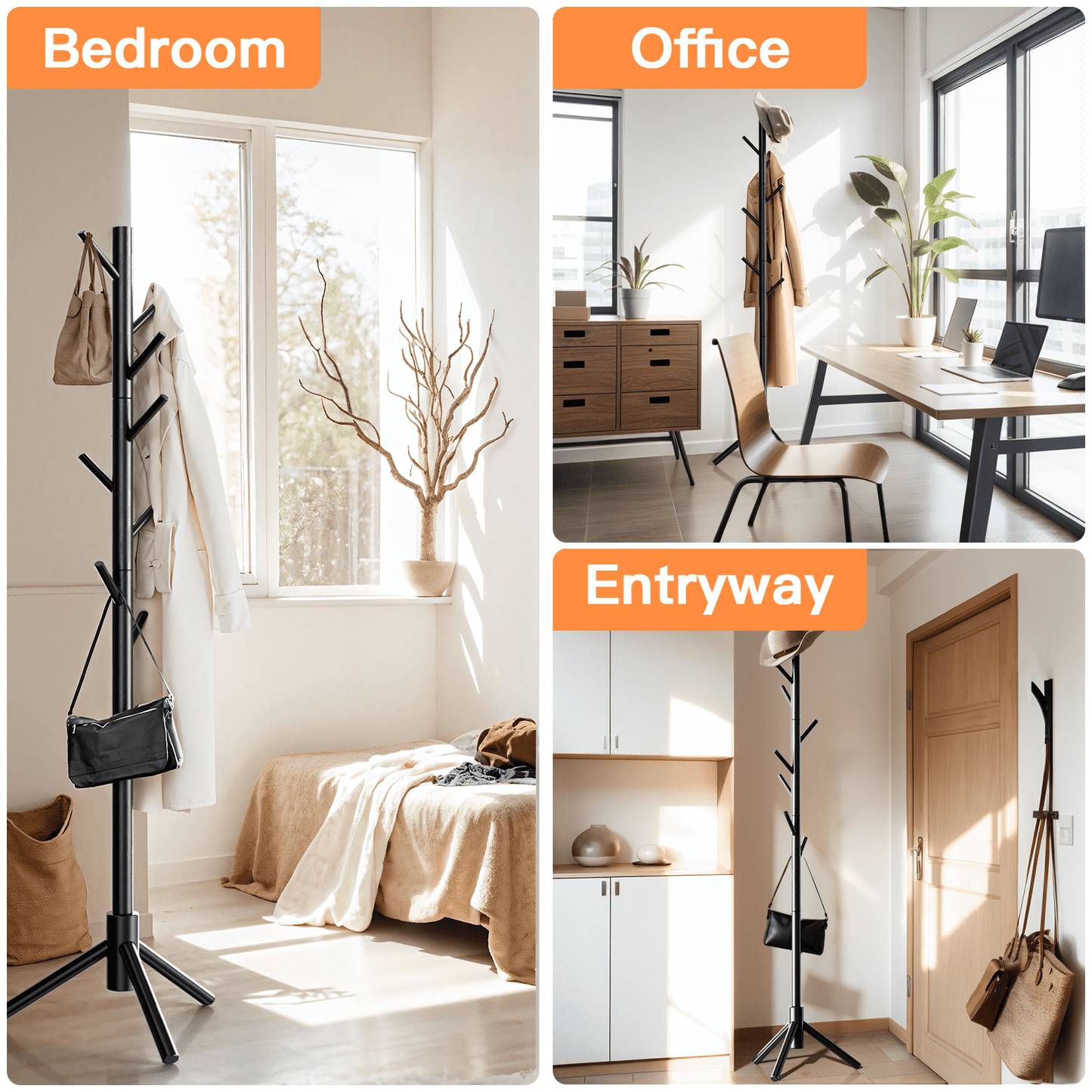 Coat Rack Stand with 3 Height Options and 8 Hooks Wooden Freestanding Coat Rack for Home, Office, Entryway, Hallway