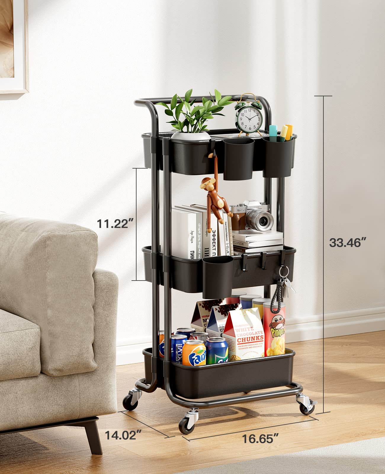 3-Tier Metal Rolling Cart Utility Cart Storage Cart with Lockable Wheels, 3 Hanging Cups & 4 Hooks for Office, Kitchen, Black