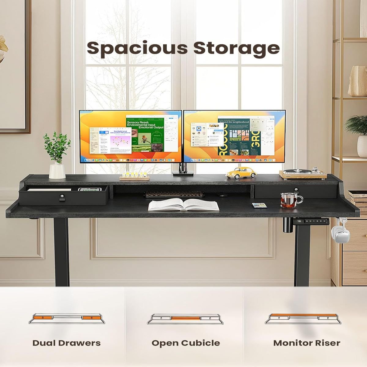 Electric Standing Desk with Drawers, 48" x 24" Gaming Desk with Monitor Stand, Black