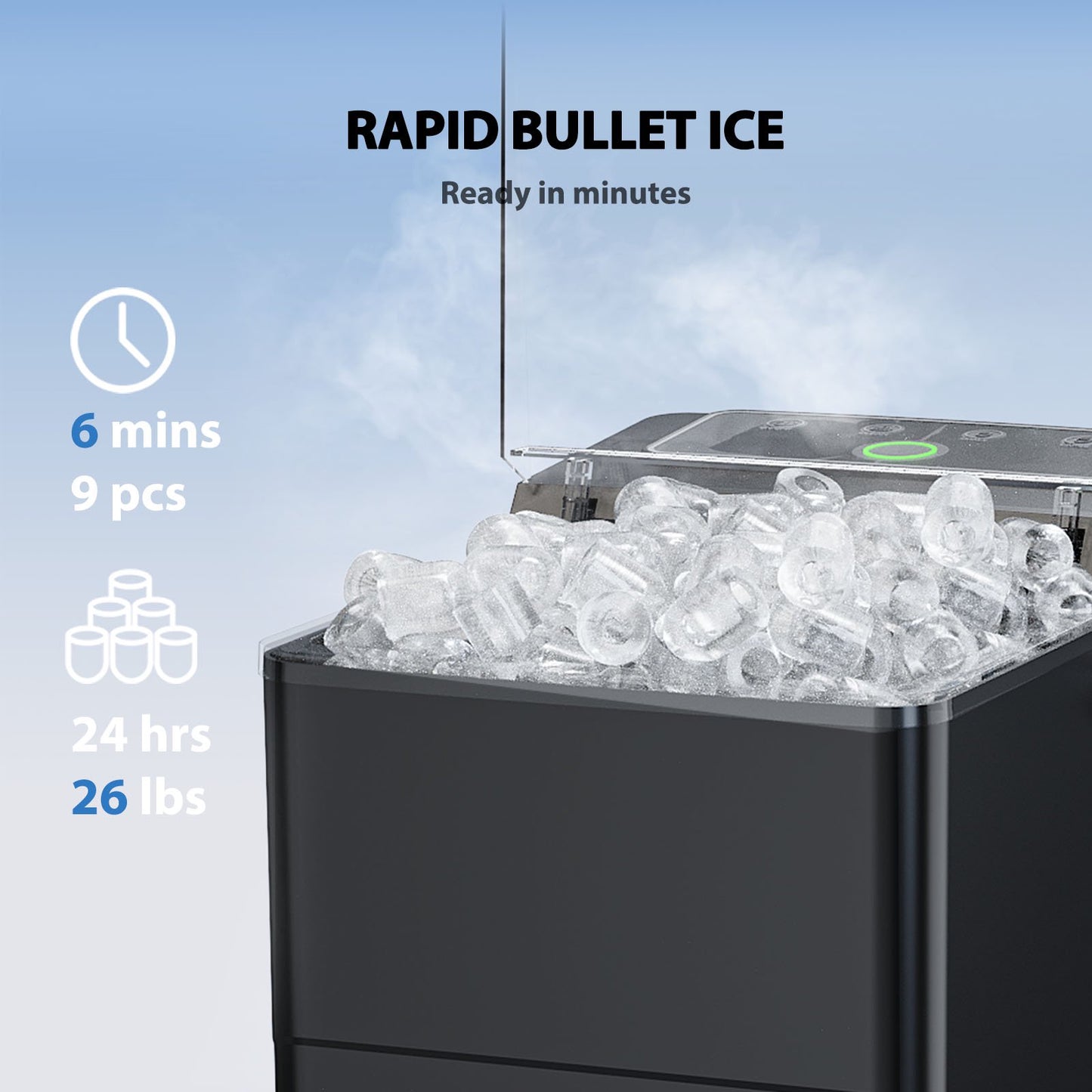 Portable Countertop Ice Maker with Handle, 2.5L Expanding Ice Basket, 26lbs in 24Hrs, 9 Ice Cubes Ready in 6 Mins, Auto-Cleaning Countertop Ice Machine for Home, Kitchen, Camping, RV, Black
