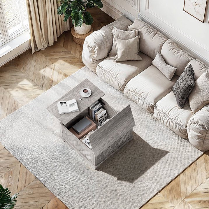 Lift Top Coffee Table, 35"x35" Wood Square Dining Center Table with Storage and Large Hidden Space for Living Room, Wash Gray